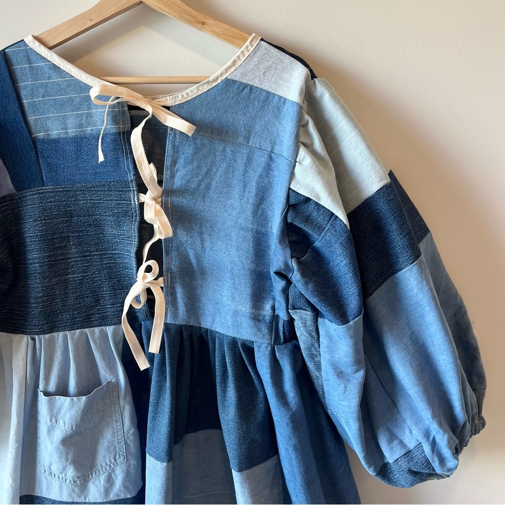 Handmade Denim Patchwork Quilted Puff Sleeves Cottage Dress SKU 04117 - Picture 15 of 16